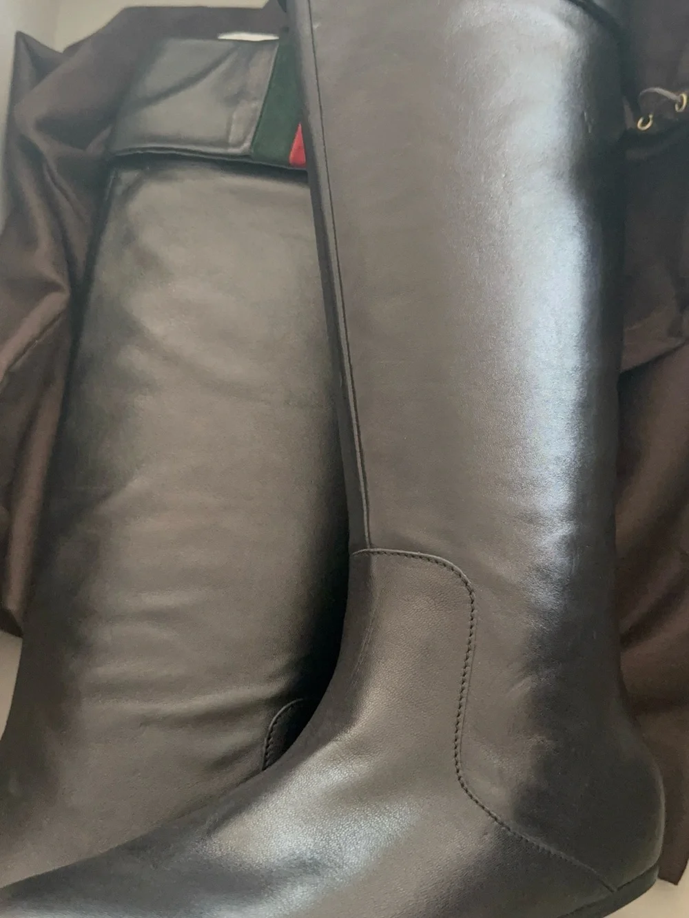 Gucci Black Leather Knee-High Boots with Web Stripe | Size 36